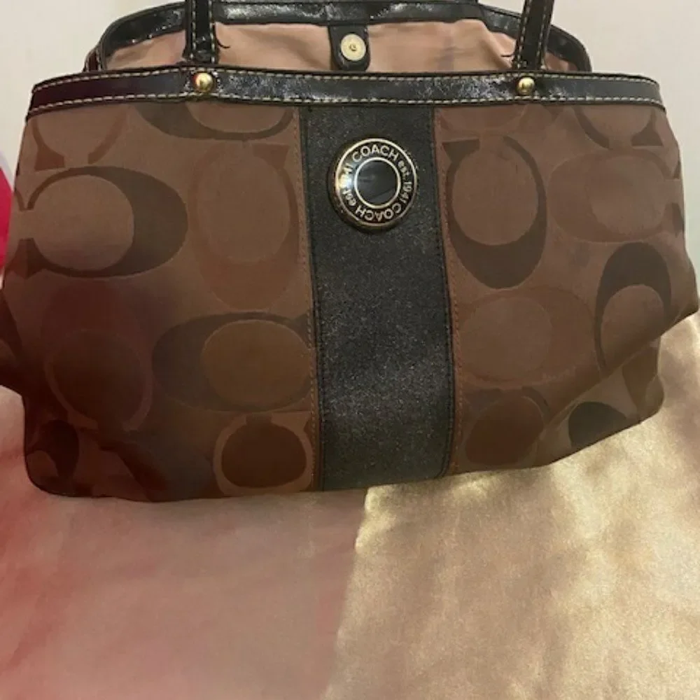 Coach Signature Stripe framed Satchel Patent leather trim